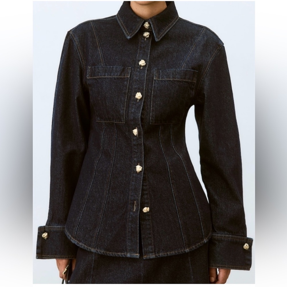 H&M Defined-Waist Gold Buttons Denim Shirt